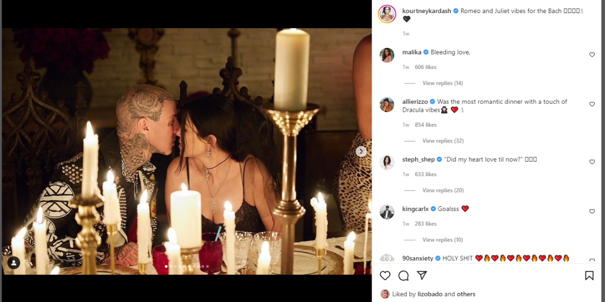 The picture of Kourtney Cardashian with Travis Barker on her Instagram. They are almost kissing.